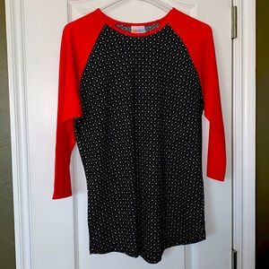 LuLaRoe Baseball Tee. Red sleeves, black with white polka dots body. Medium.